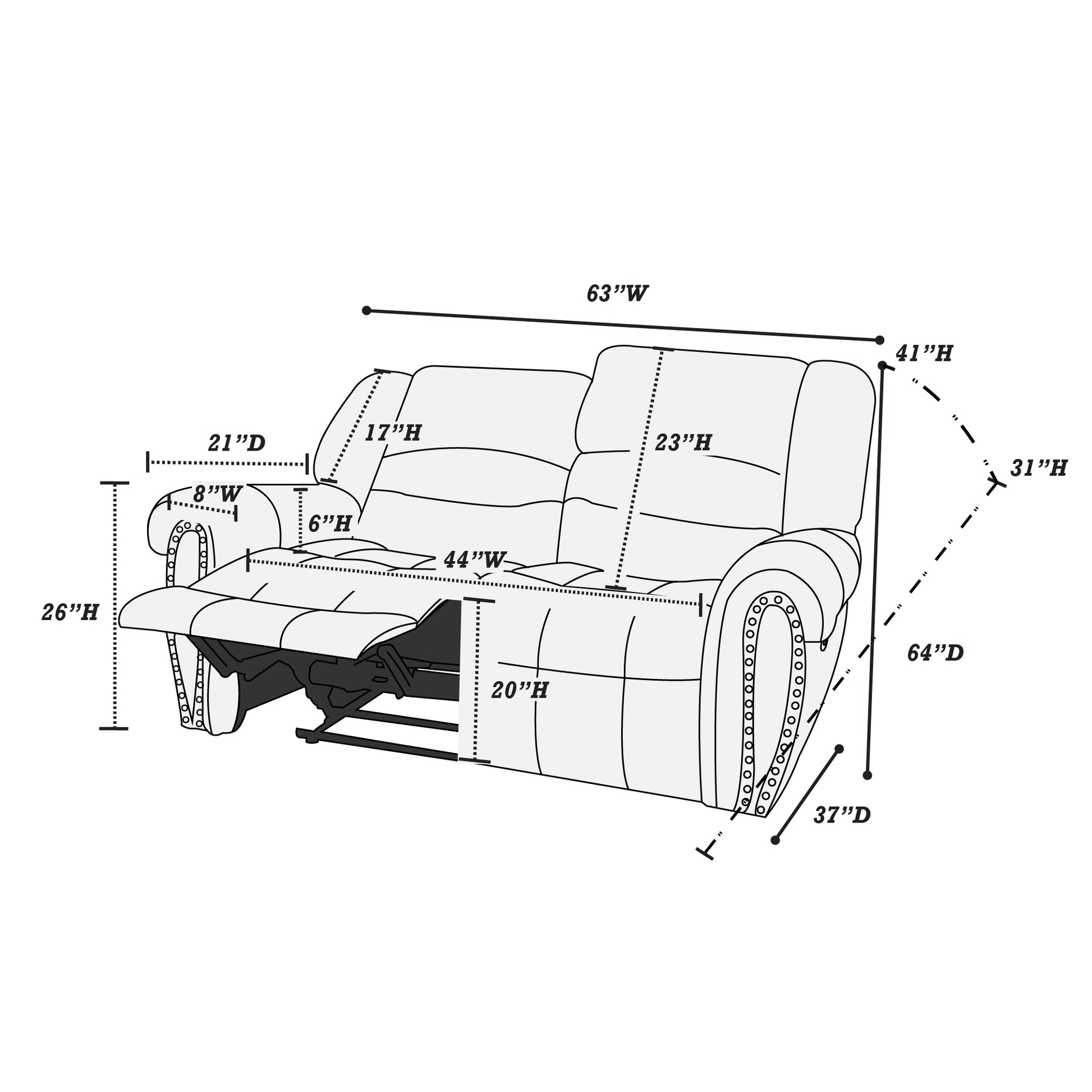 Diagram showing a plush recliner sofa with dimensions W H D  seat height