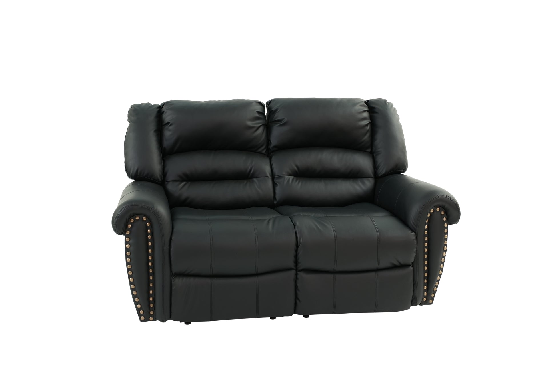 Black faux leather dual reclining loveseat with brass nailhead trim and plush cushioning