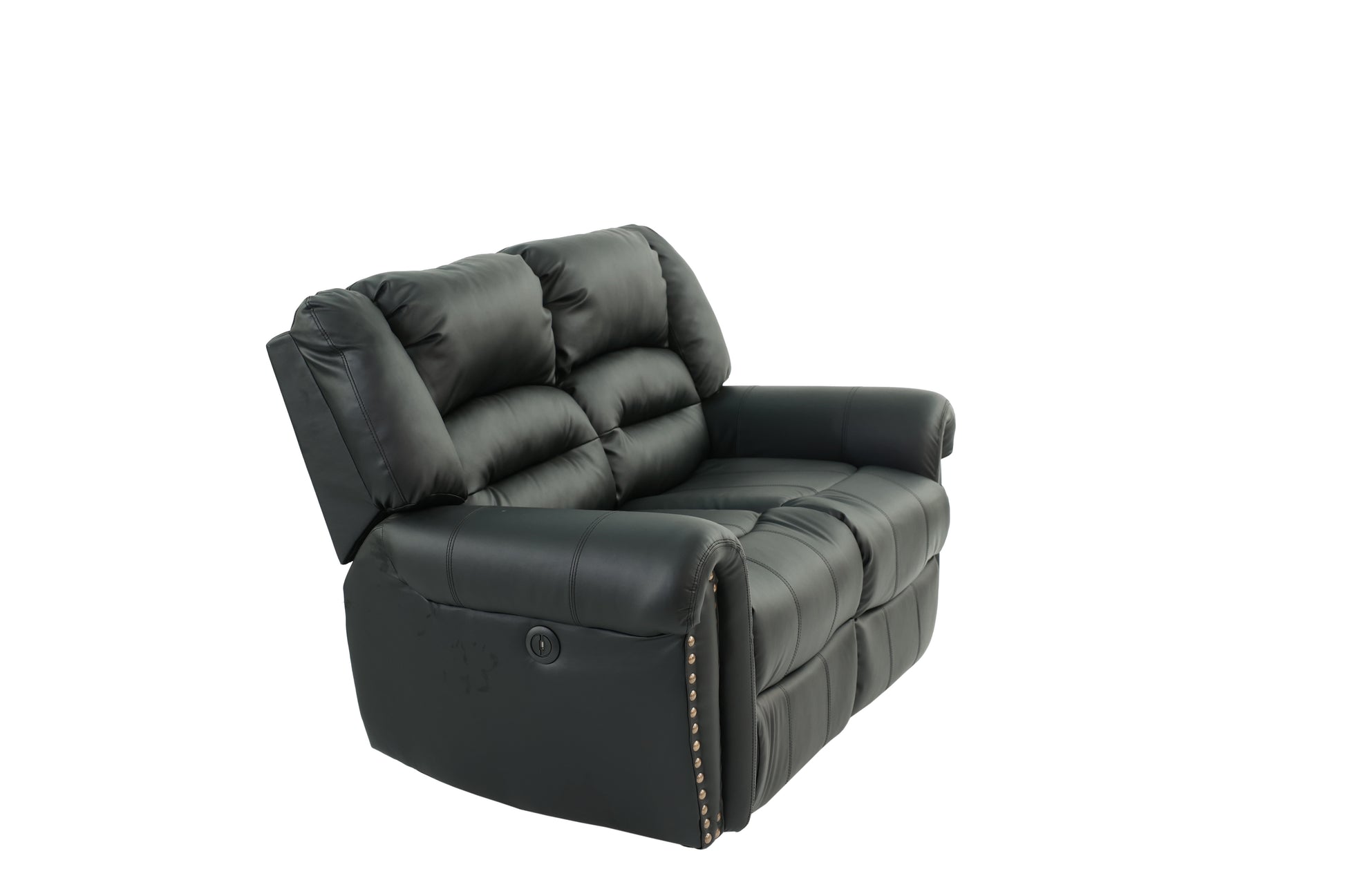 Black faux leather dual reclining sofa with studded arms and USB port