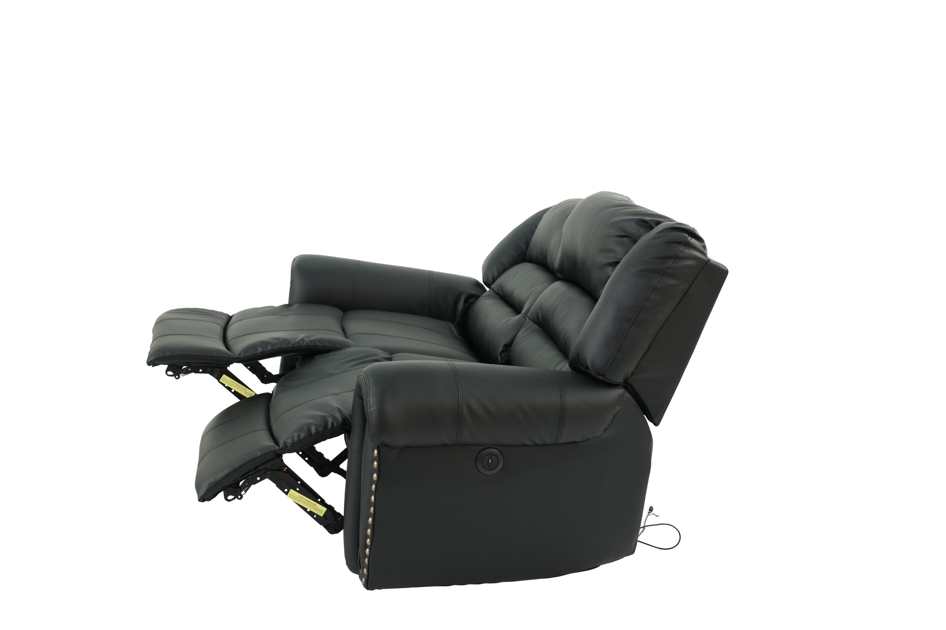 Black leather dualmotor power recliner with plush cushioning and brass nailhead trim