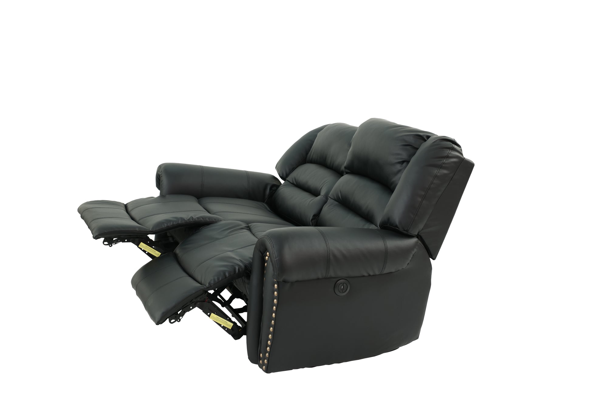 Black faux leather recliner sofa with plush cushions and decorative studs