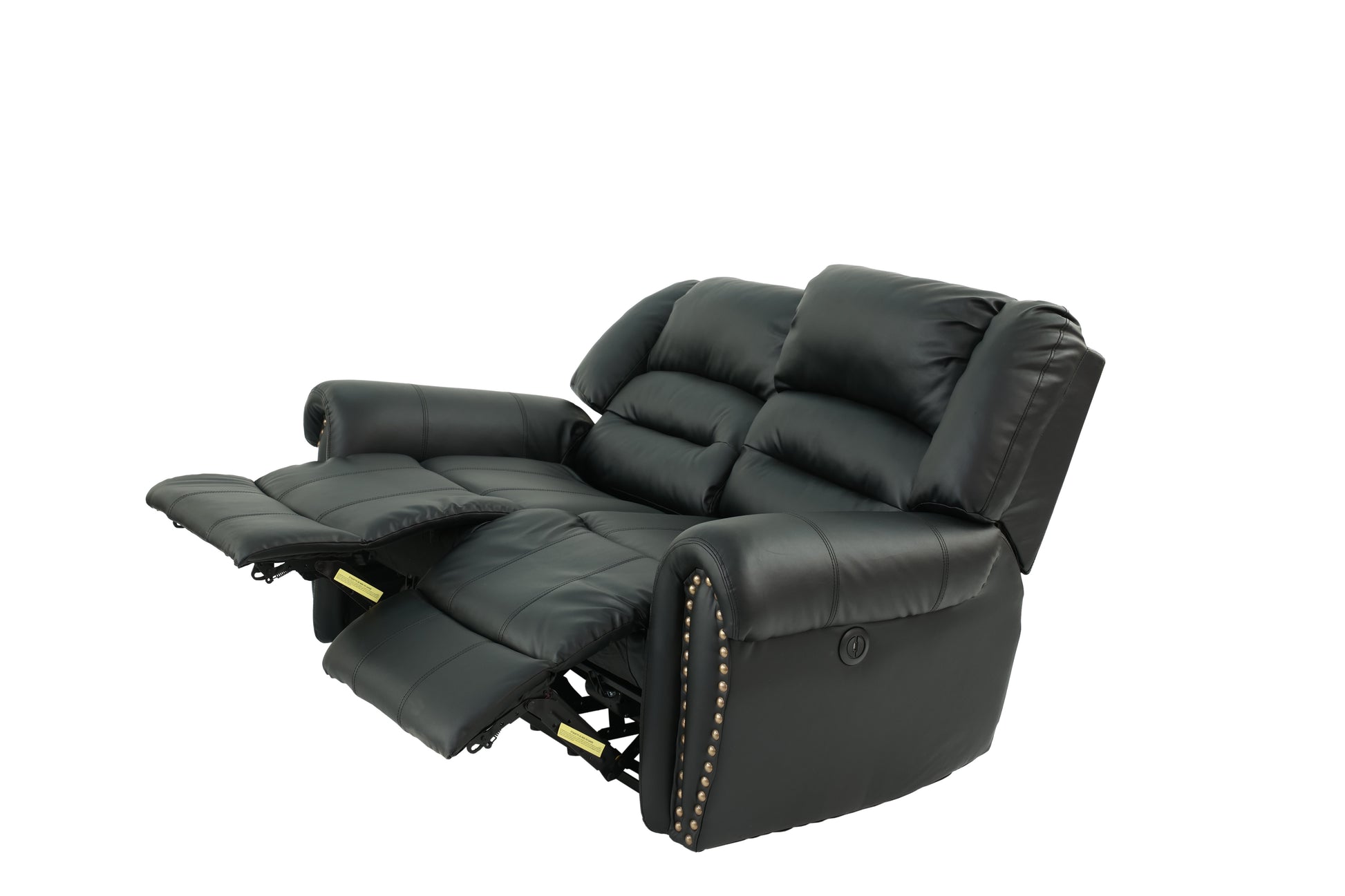 Black leather recliner sofa with footrests extended featuring studded armrests