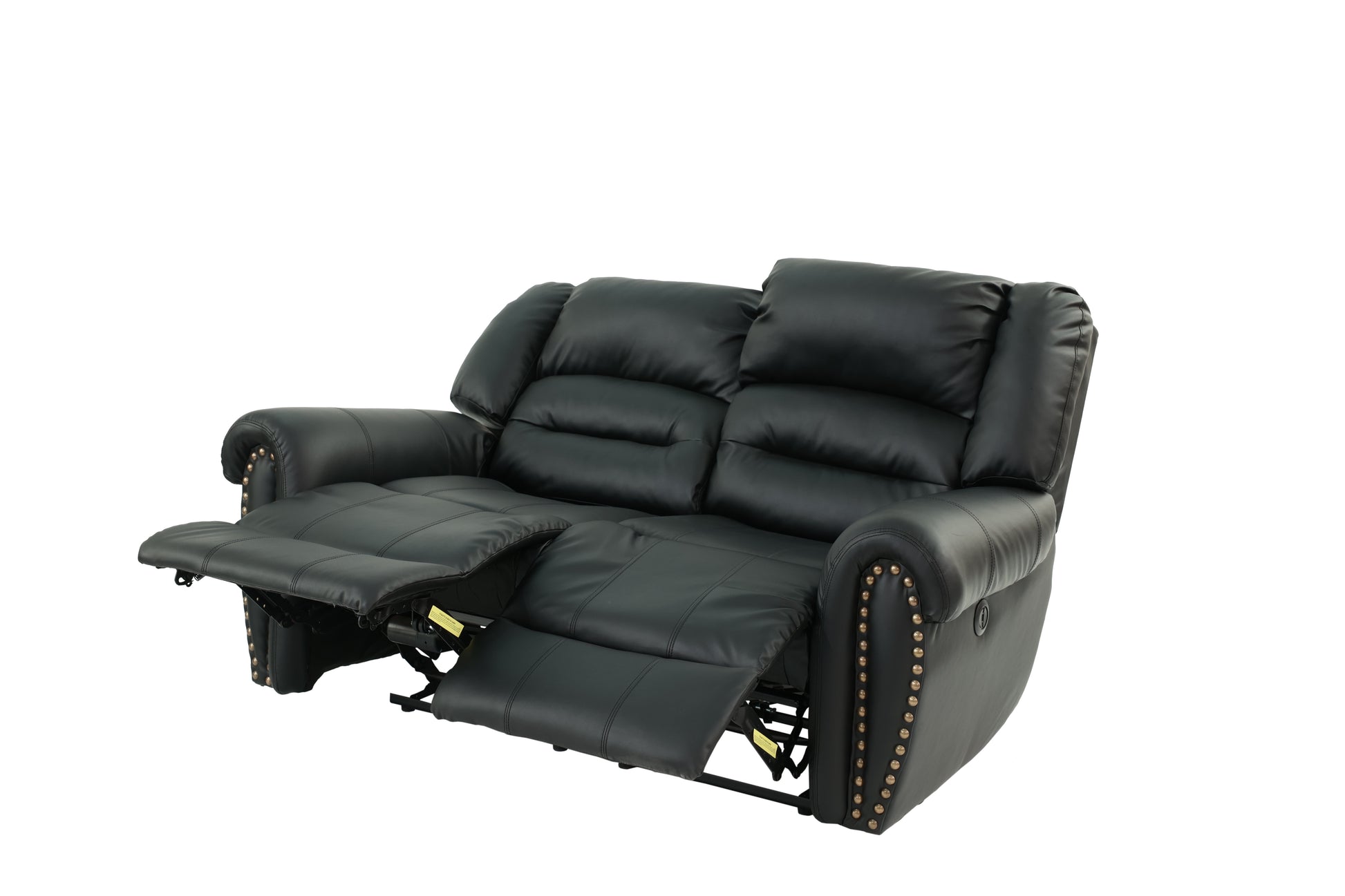 Black faux leather reclining loveseat with plush cushions and decorative nailhead trim for ultimate comfort