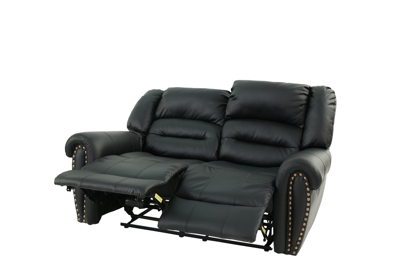 Black faux leather loveseat recliner with nailhead trim extended footrests for comfort