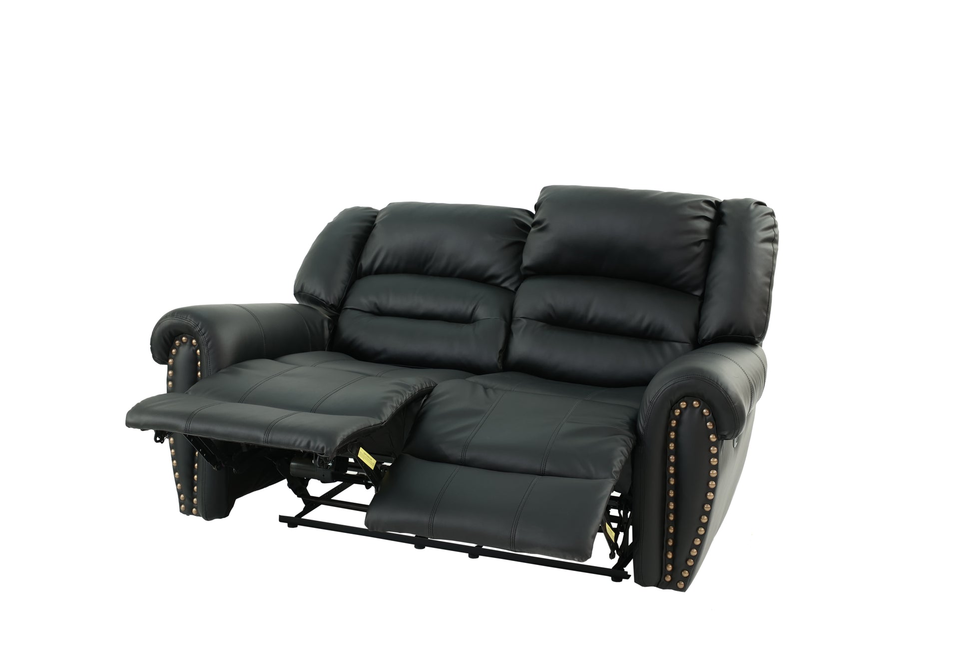 Black faux leather loveseat recliner with nailhead trim extended footrests for comfort