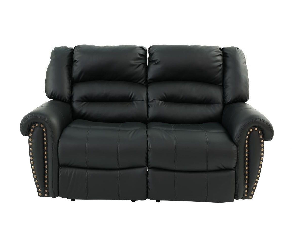 Black faux leather loveseat recliner with studded arms and plush cushions for living room comfort