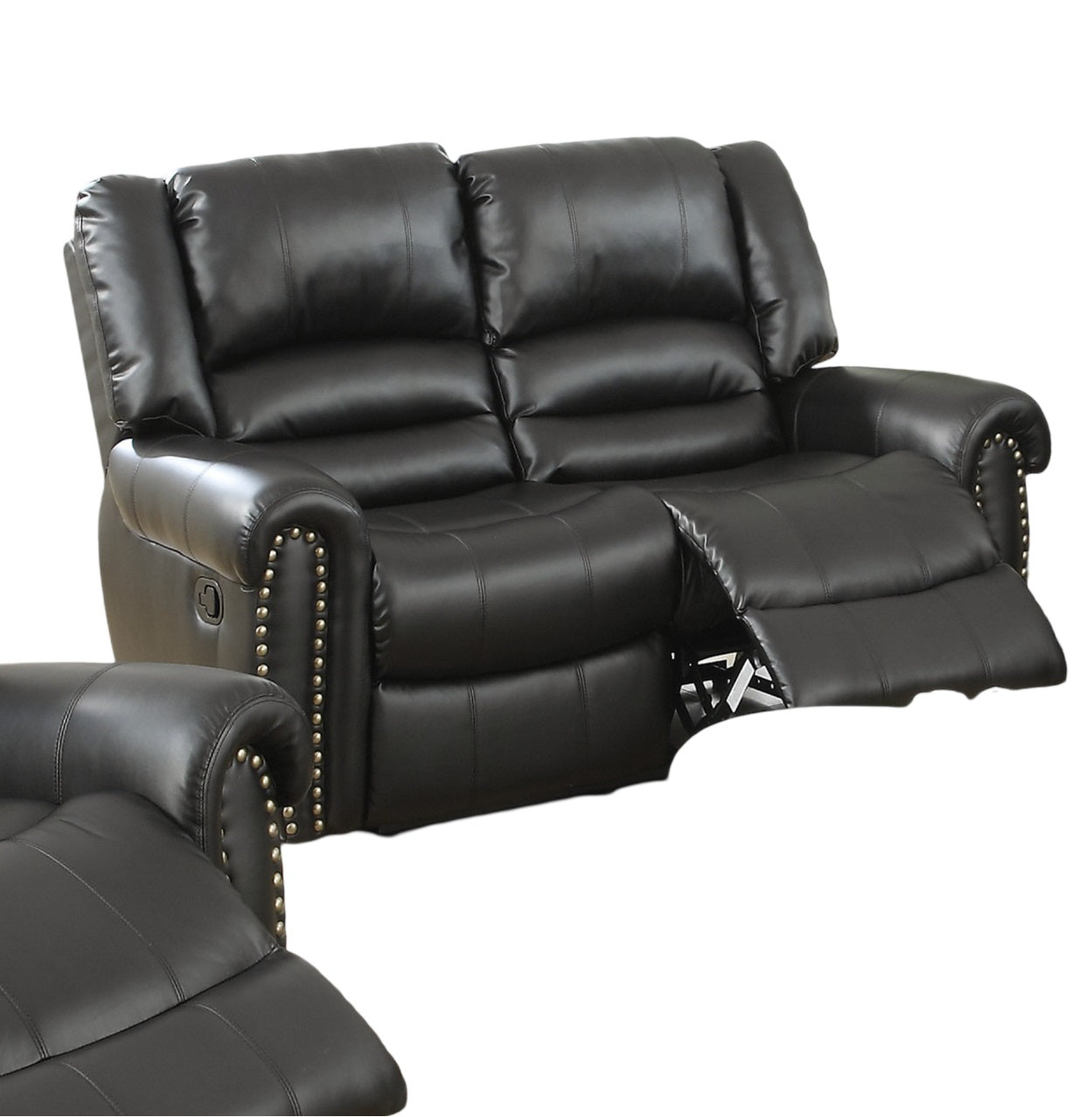 Black leather loveseat recliner with brass nailhead trim