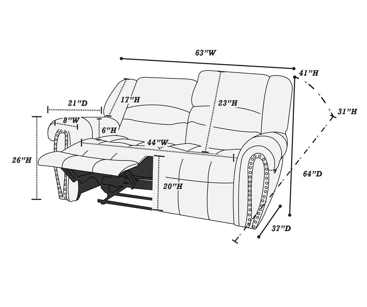 Diagram of recliner loveseat with dimensions for width height and depth