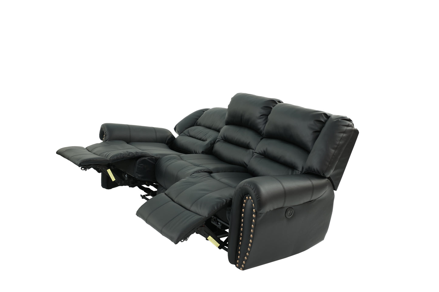 Black faux leather threeseater reclining sofa with tufted backrests and nailhead trim