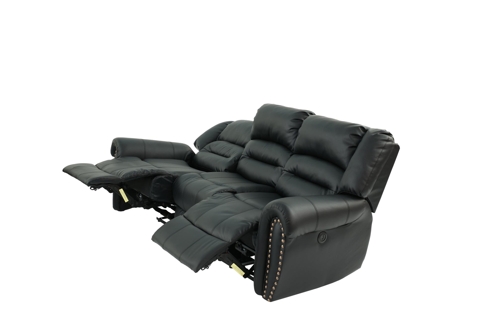 Black faux leather threeseater reclining sofa with tufted backrests and nailhead trim