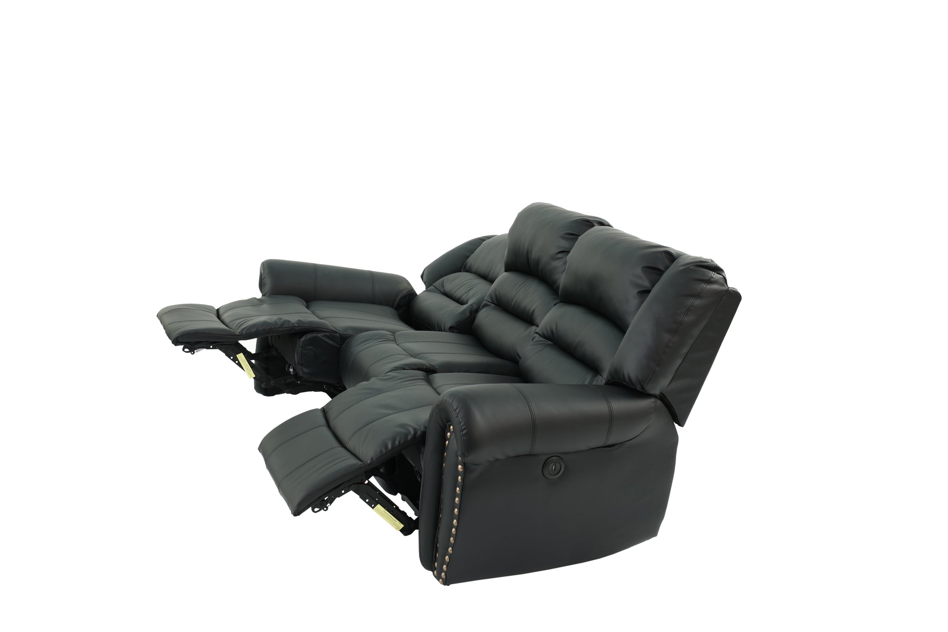Black faux leather reclining sofa with plush cushions and brass nailhead trim