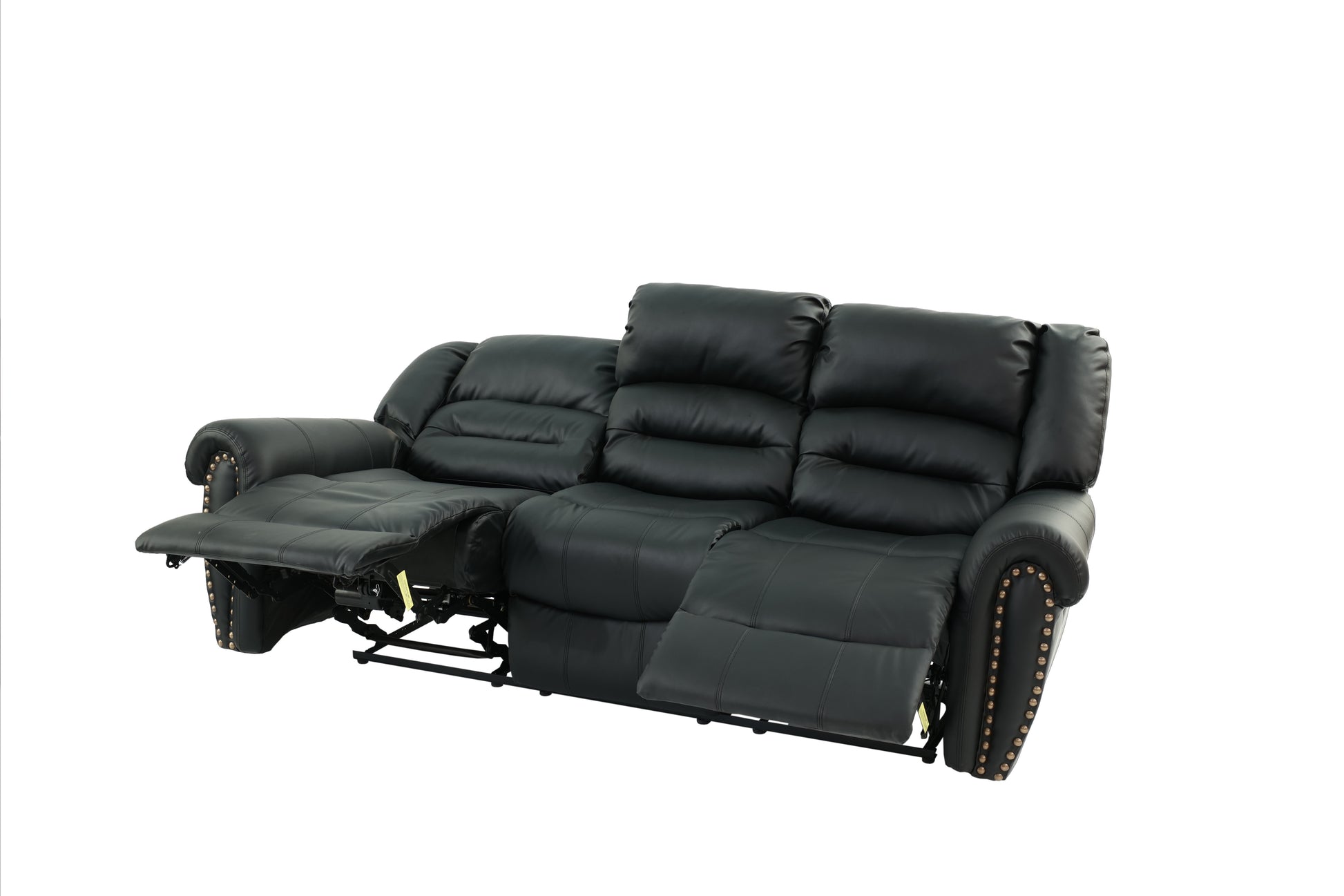 Black faux leather reclining sofa with detailed stitching and brass nailhead trim