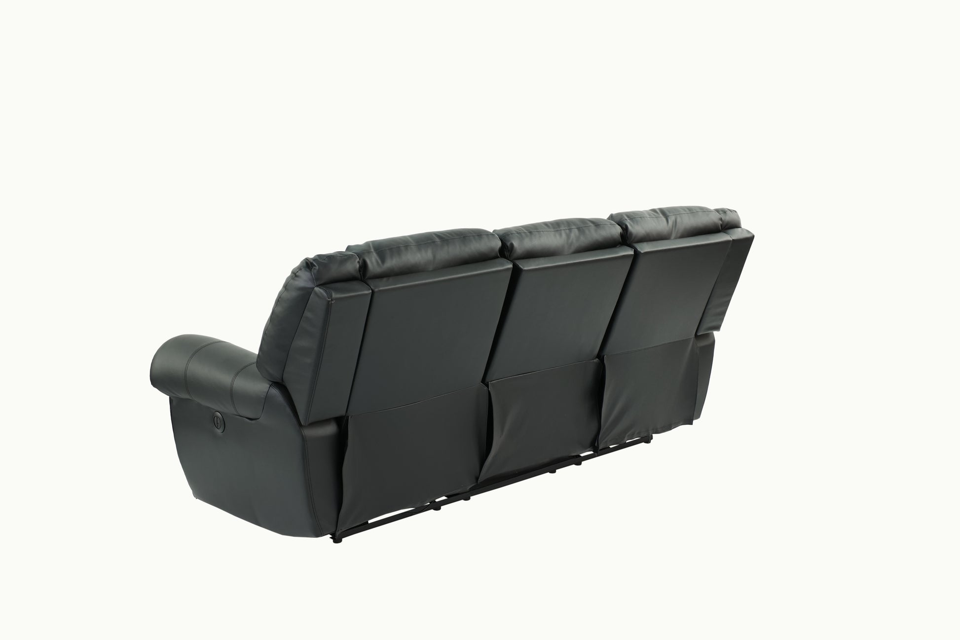 Black faux leather threeseater reclining sofa view from the back