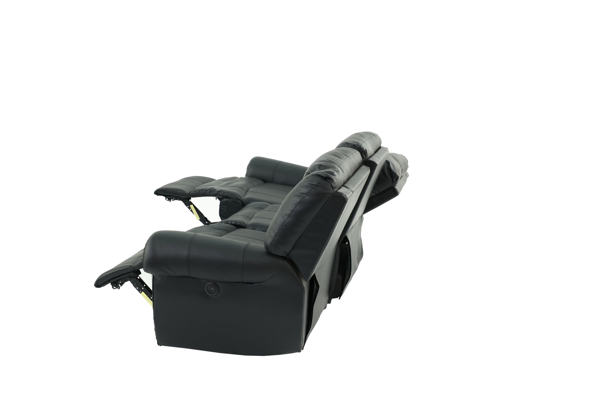 Black leather recliner sofa with extended footrests and adjustable headrests for ultimate comfort