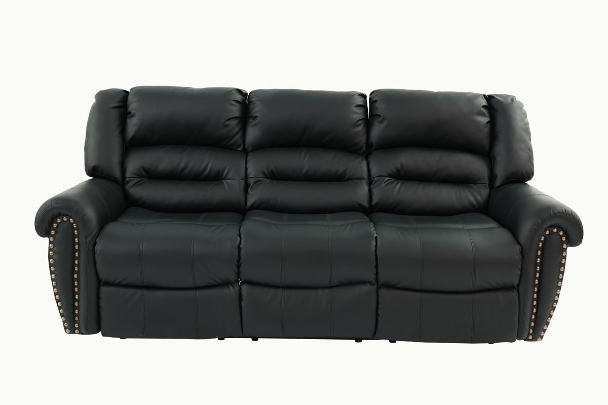 Black faux leather threeseater recliner sofa with studded armrests