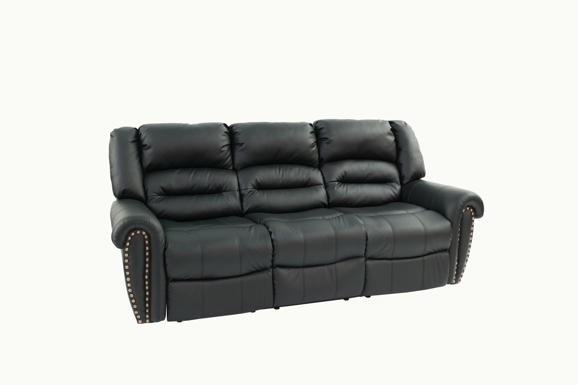 Threeseater black faux leather recliner sofa with buttontufted back and nailhead trim accents