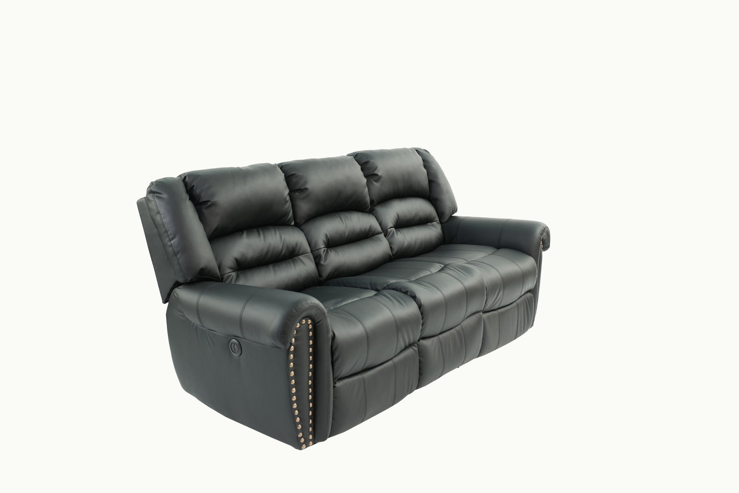 Threeseater black leather recliner sofa with decorative brass nailhead trim on the arms