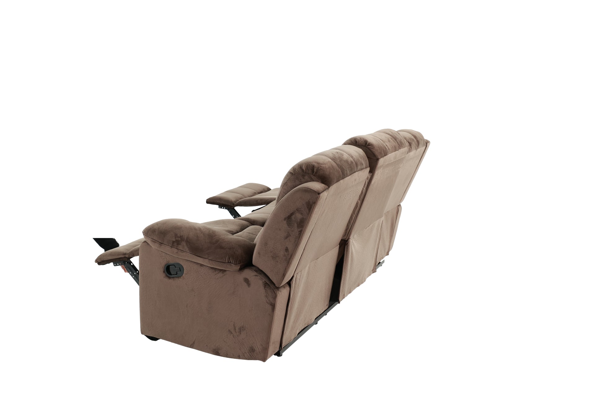 Plush brown fabric recliner chair with adjustable footrest and padded armrests