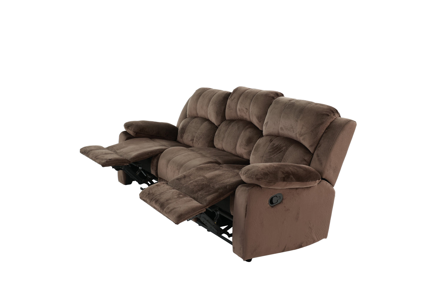 Brown plush fabric threeseater recliner sofa with extended footrests