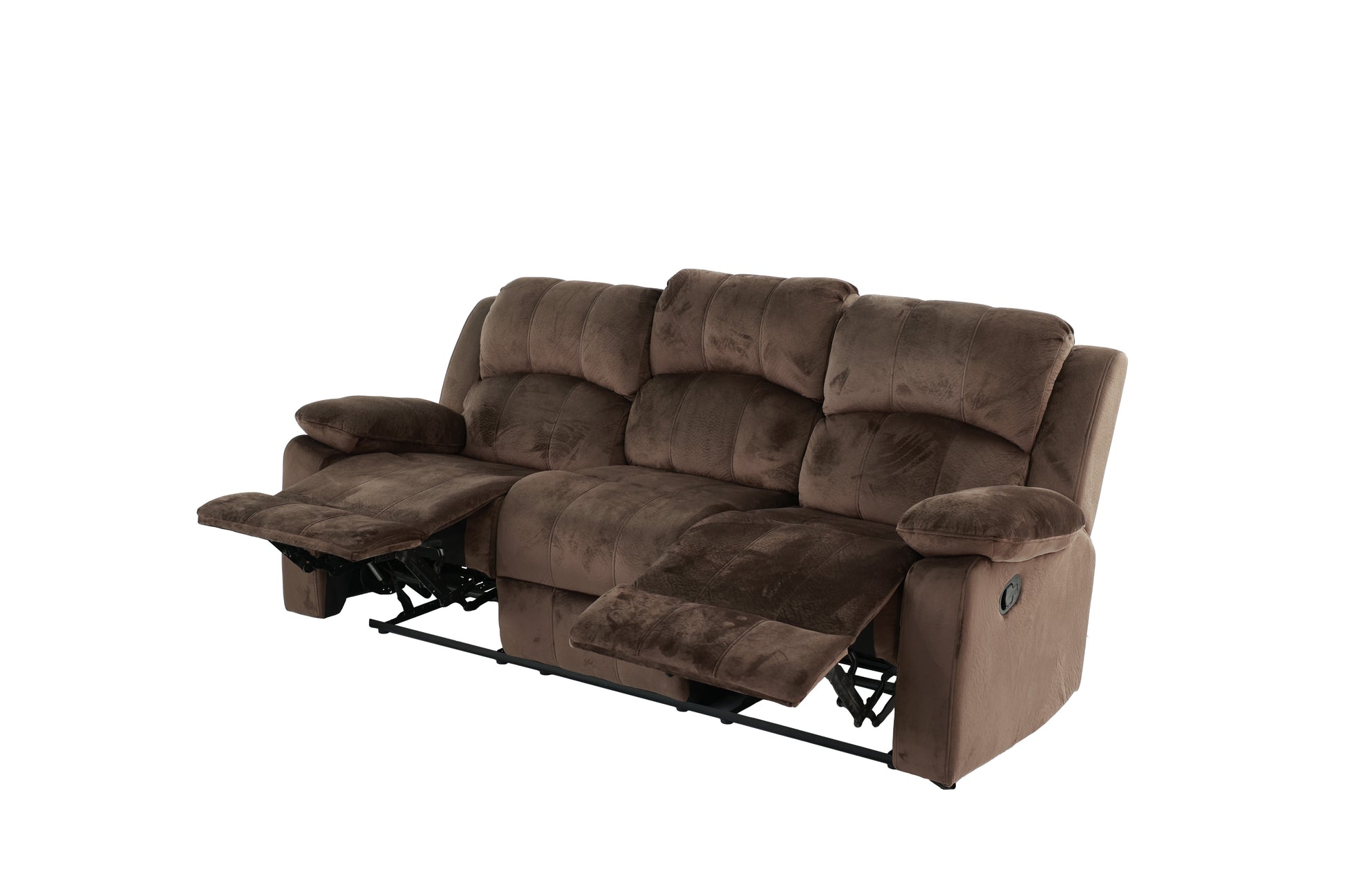 Brown fabric threeseater recliner sofa with extended footrests plush cushioning