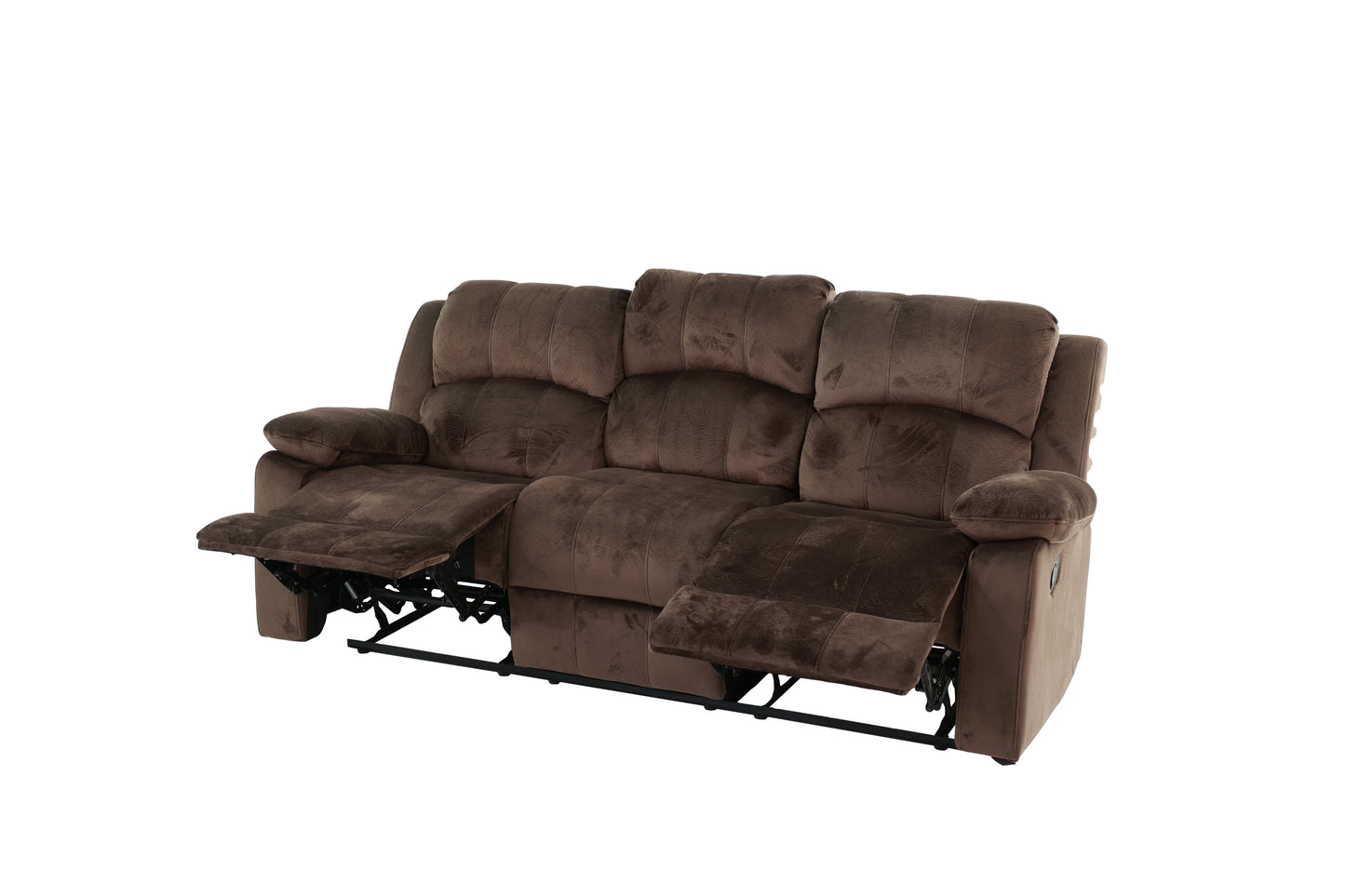 Brown fabric recliner sofa with three seats footrests extended