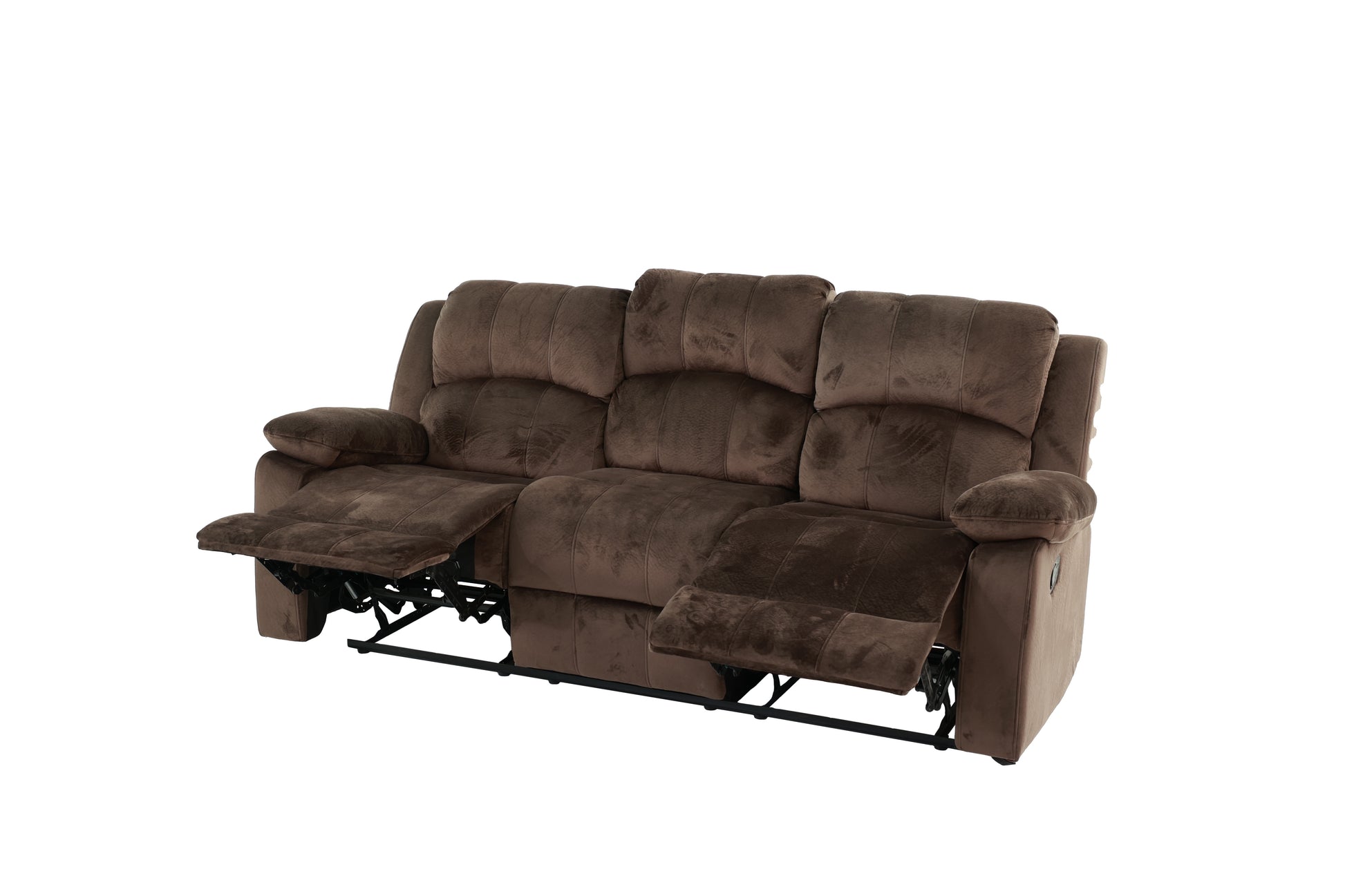 Brown fabric recliner sofa with three seats footrests extended