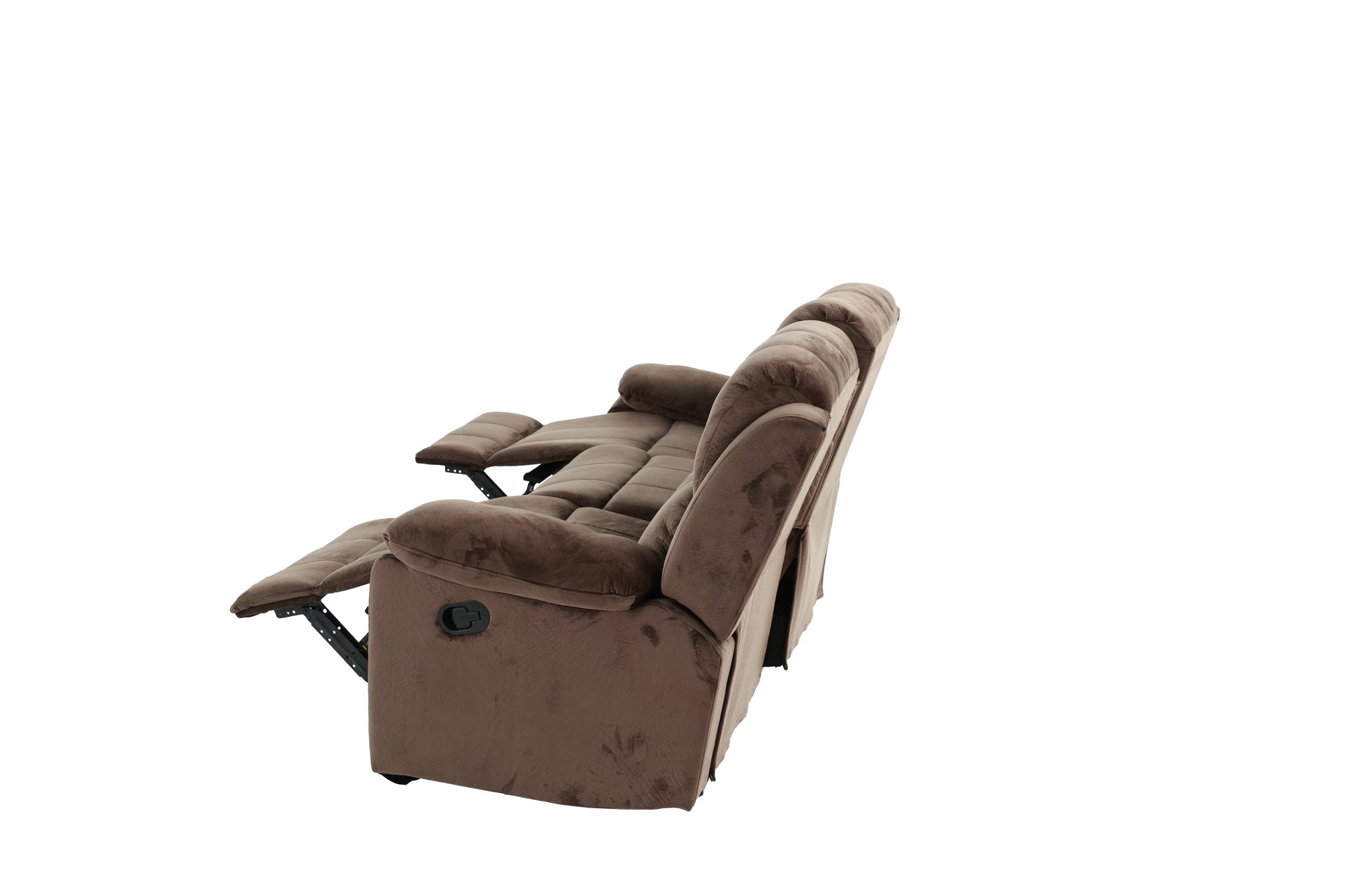 Brown fabric reclining sofa with extended footrests
