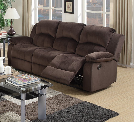 Brown microfiber reclining sofa with plush cushioning perfect for family room comfort