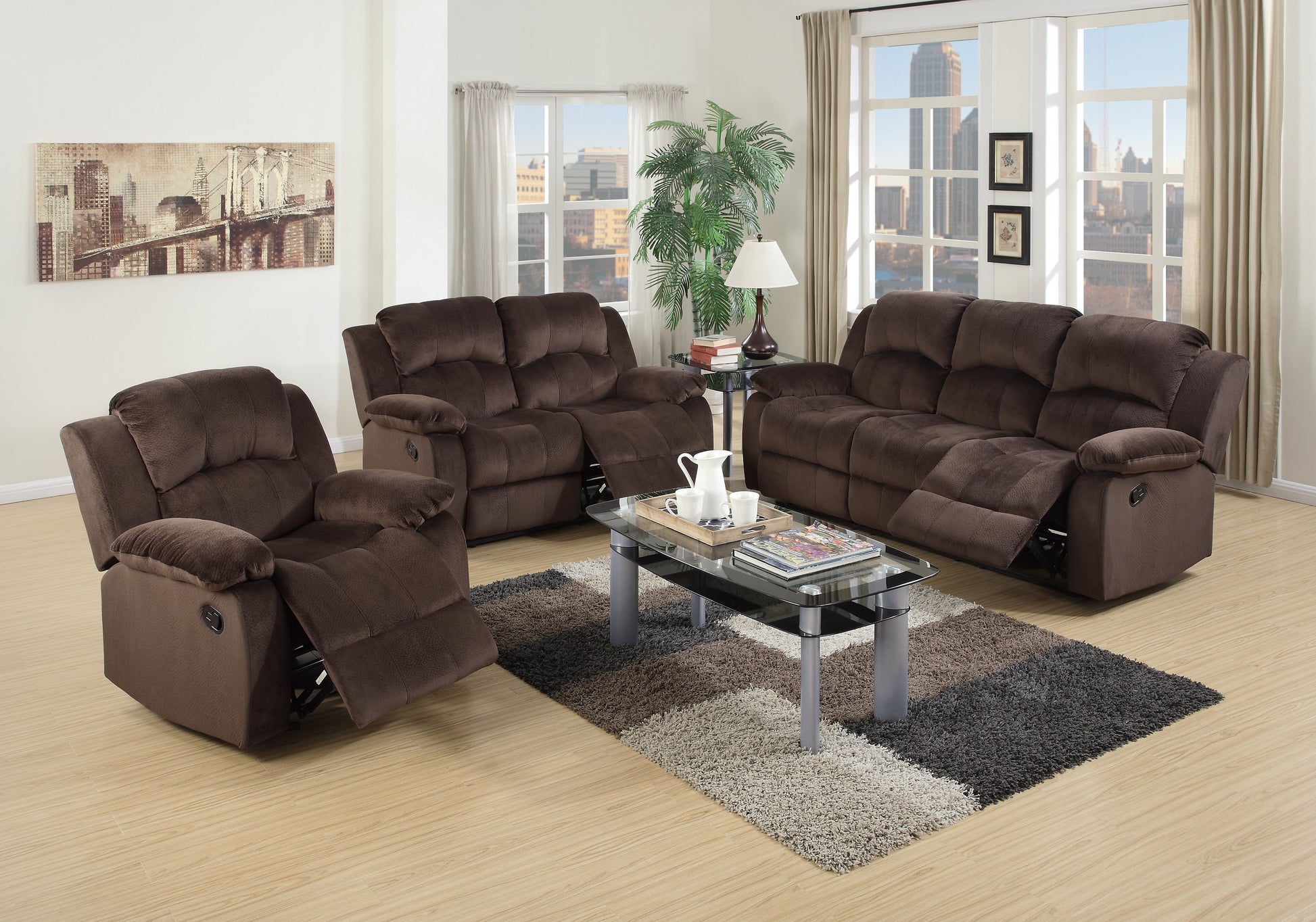 Plush brown microfiber reclining sofa with three seat cushions for ultimate comfort