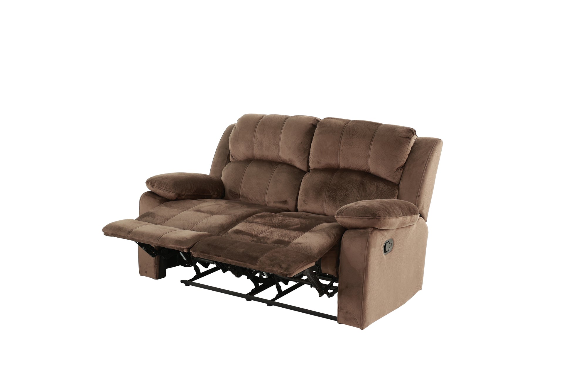 Brown velvet dual reclining loveseat with plush cushions and activated footrests