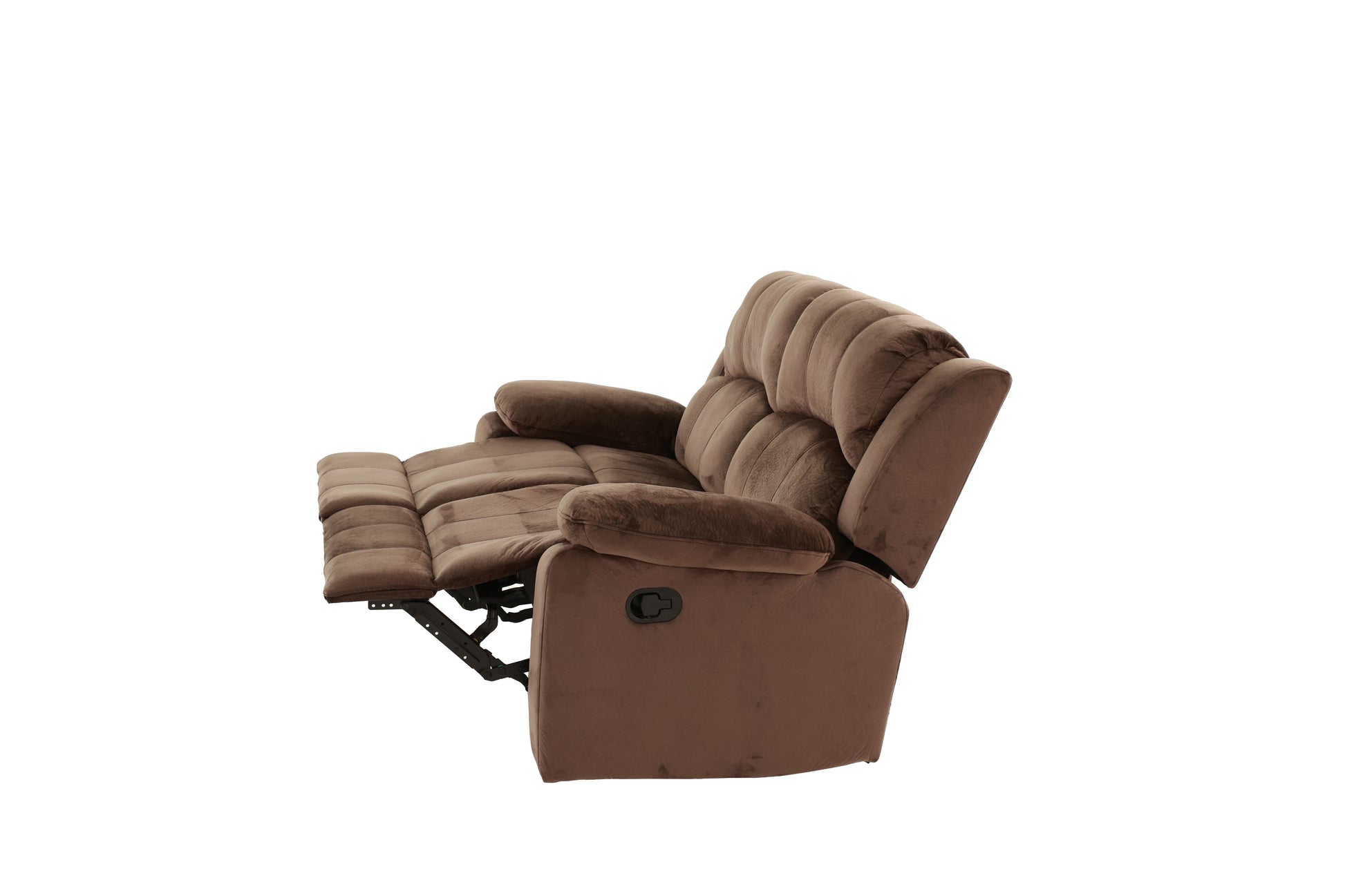 Brown plush fabric recliner chair with padded cushioning for ultimate comfort