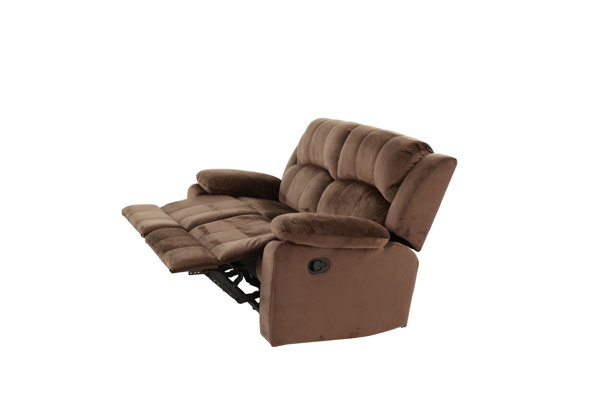 Brown plush recliner chair with padded back and footrest extended