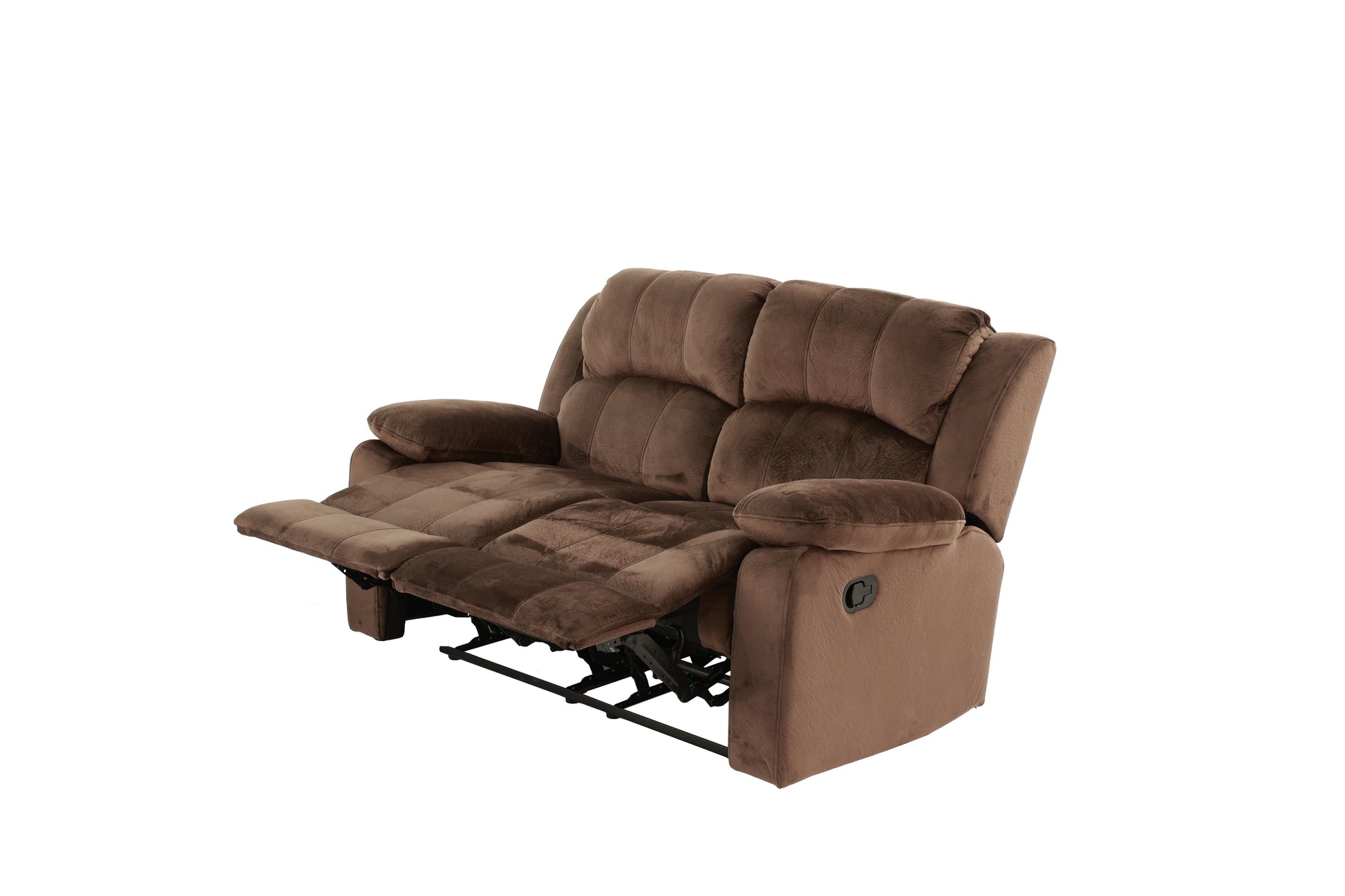 Brown plush loveseat recliner with partially extended footrests for ultimate comfort