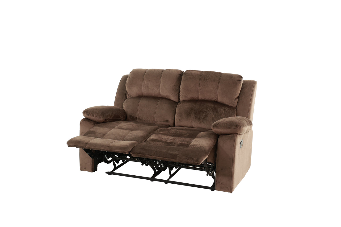 Brown fabric recliner sofa with plush cushioning and extended footrests perfect for home theater seating