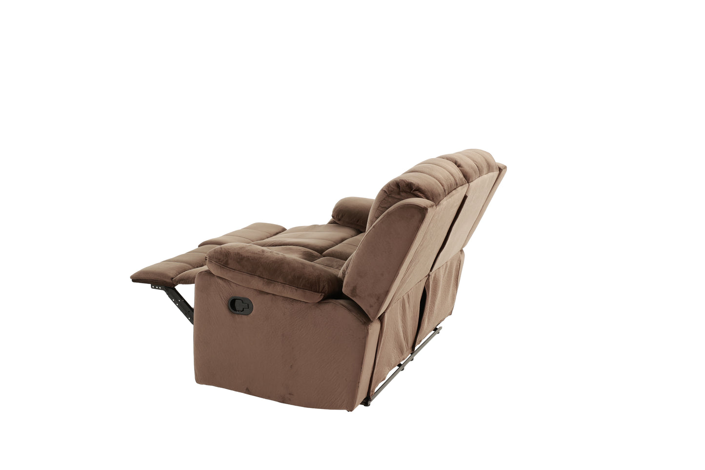 Brown plush fabric recliner sofa with adjustable footrest and back