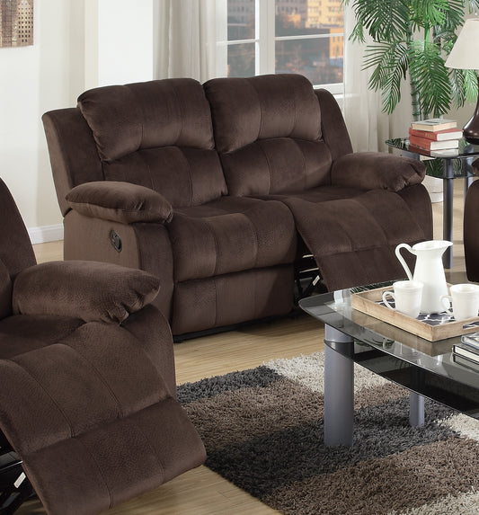Brown suede reclining loveseat with plush cushions and padded armrests for ultimate comfort