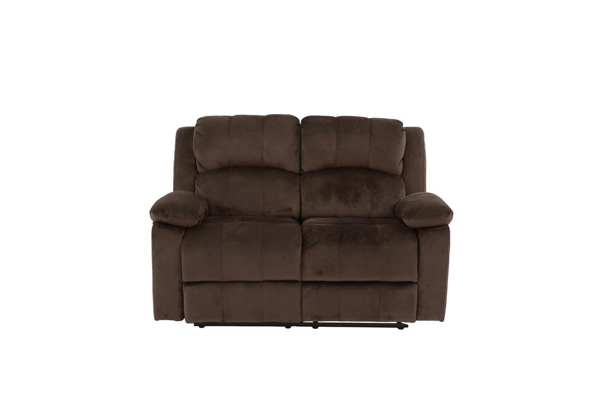 Brown velvet loveseat recliner with plush cushions and padded arms
