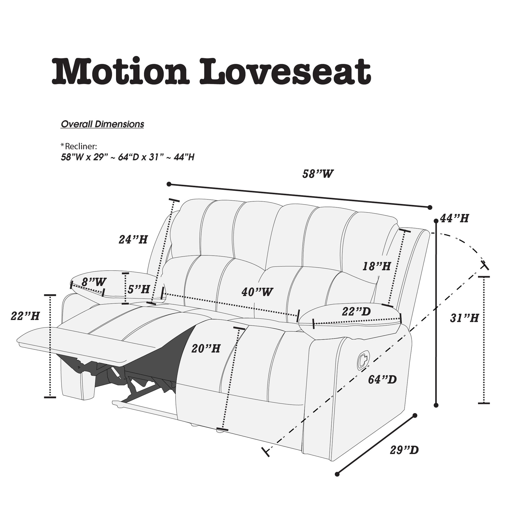 Line drawing of a plush motion loveseat with detailed dimensions for height width and depth of various sections ideal for furniture planning