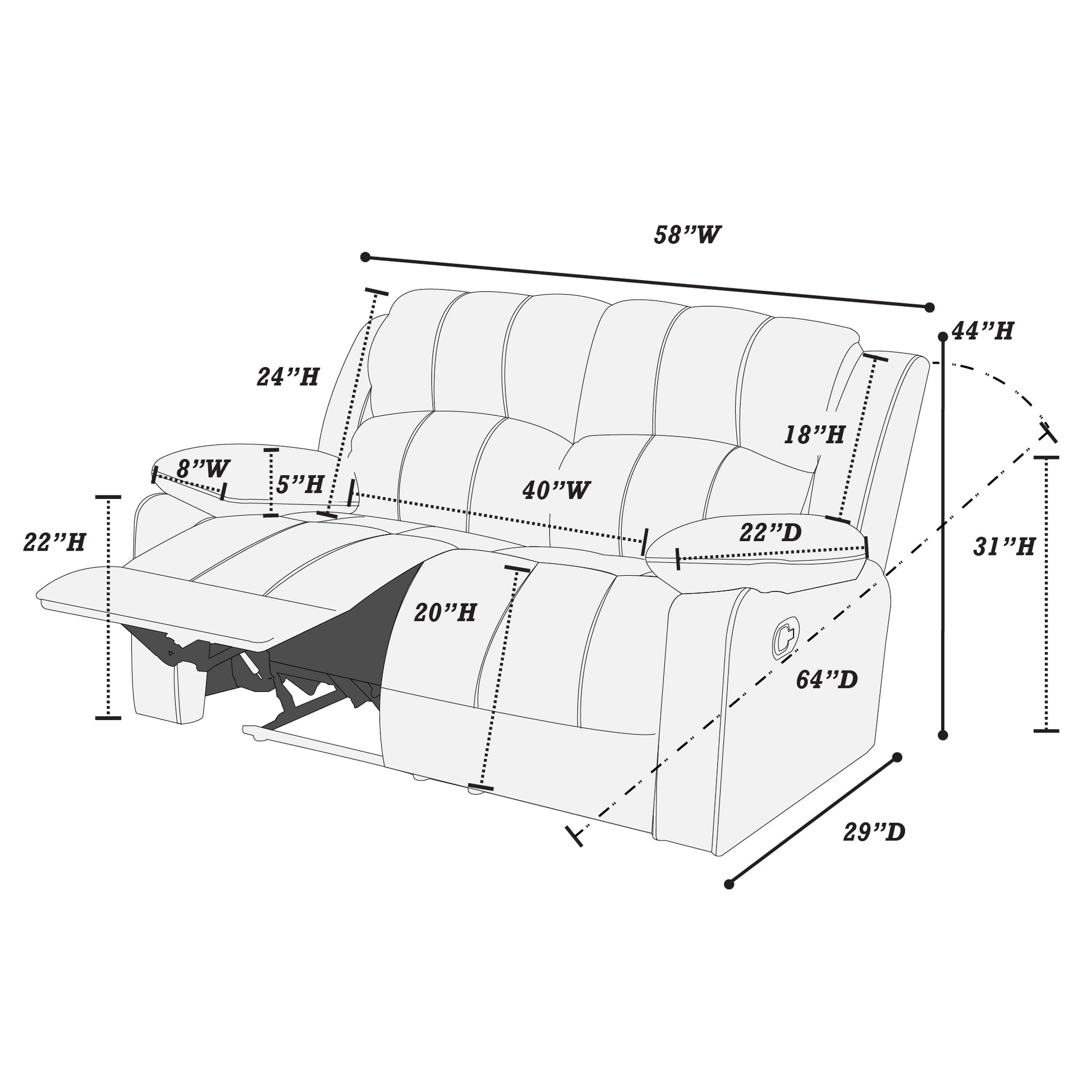 Diagram of recliner sofa with dimensions W x H H backrest D extended