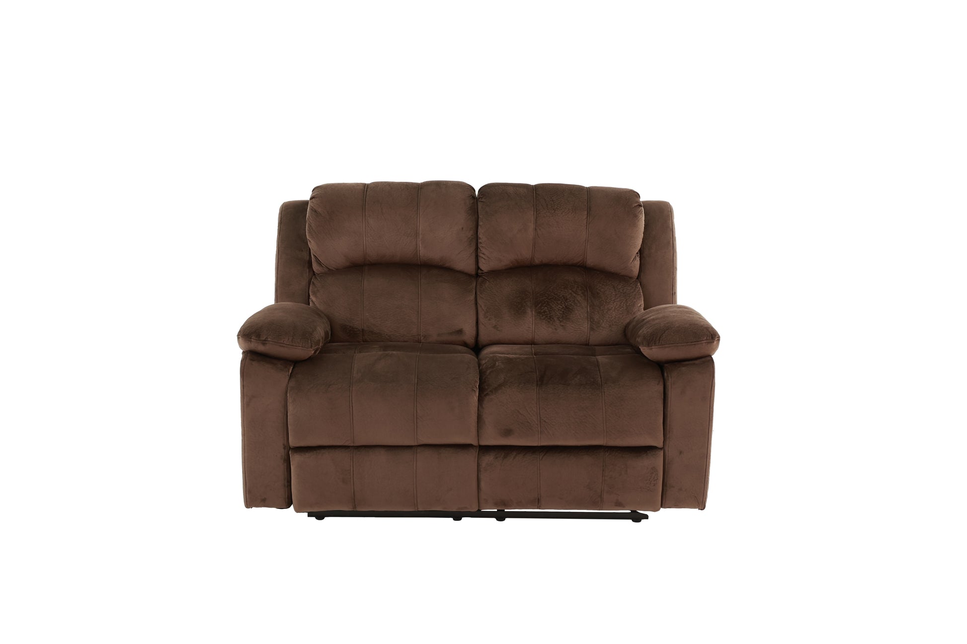 Plush brown fabric recliner sofa with two seats and padded armrests perfect for living room comfort