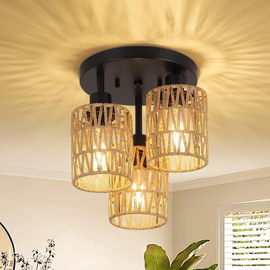 Rustic threelight flush mount ceiling light with woven jute shades and black metal base