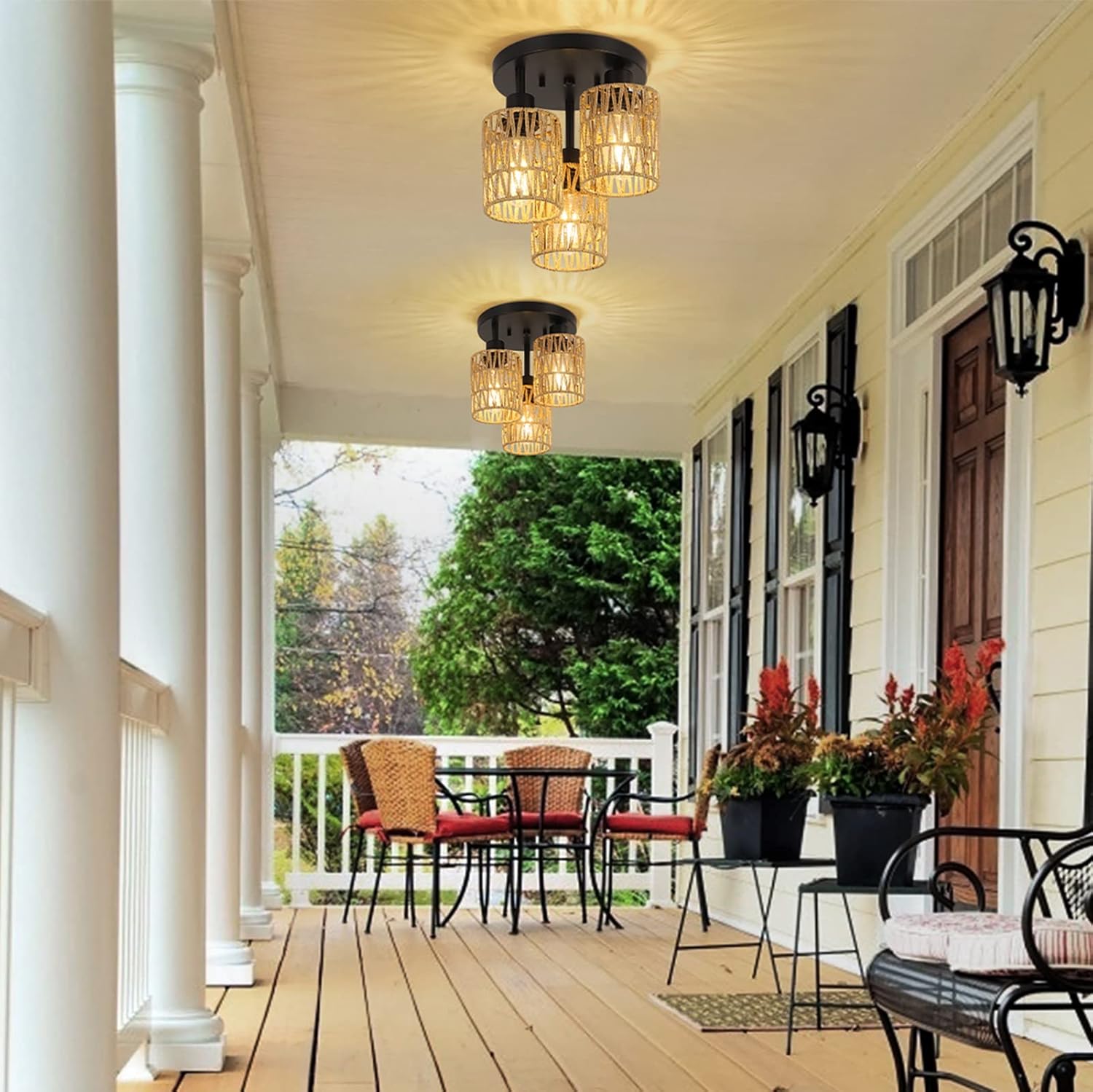Elegant tiered porch ceiling light with woven strawlike shades and warm illumination