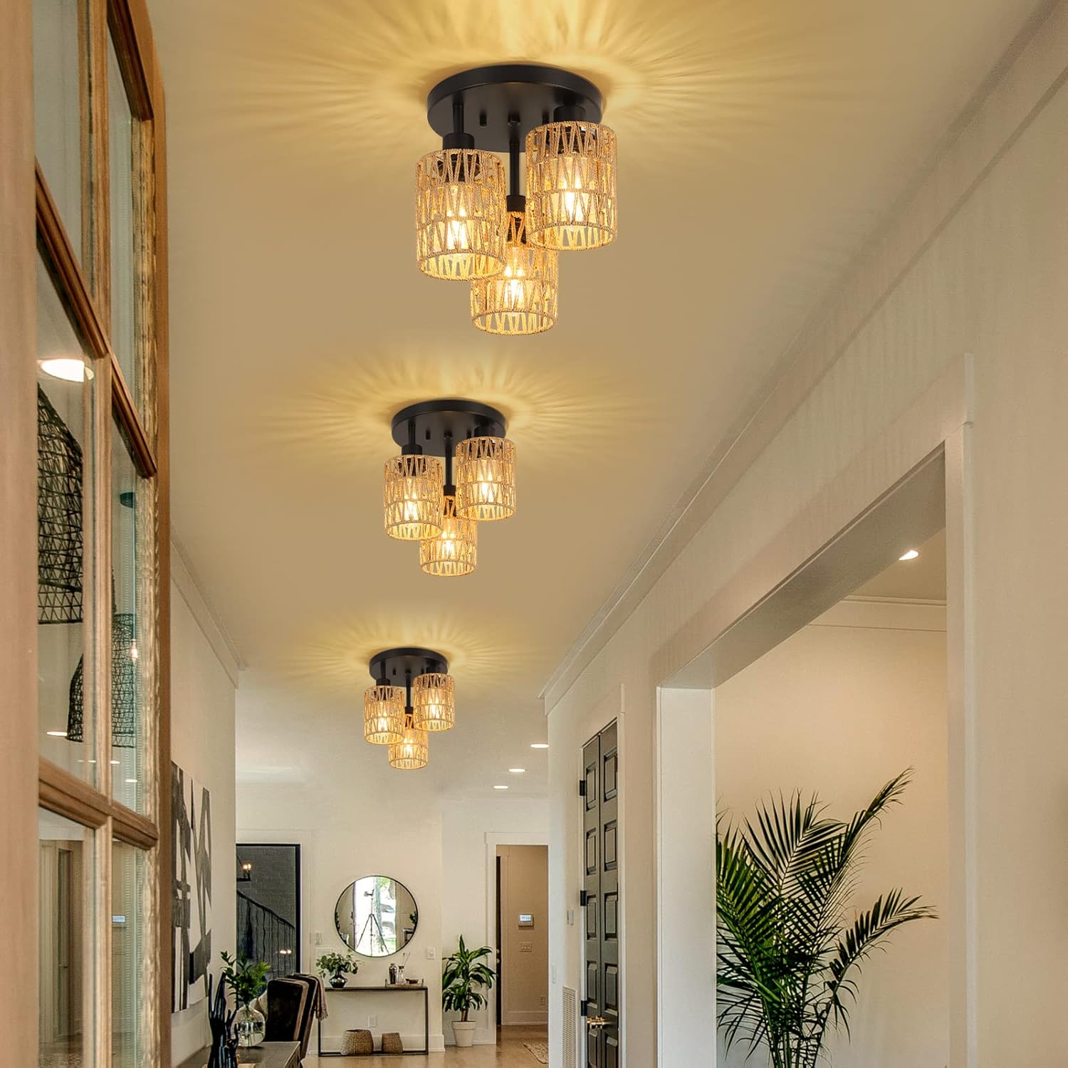 Set of  woven cylinder flush mount ceiling lights with rattan shades in a hallway