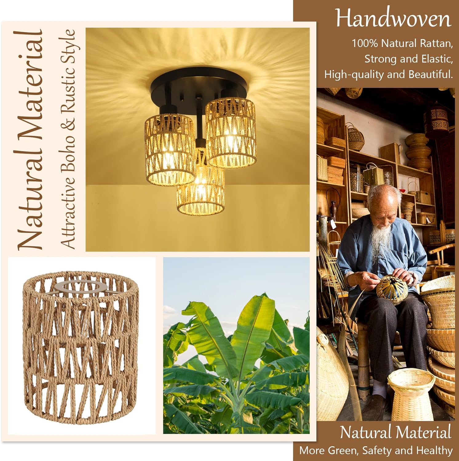 Handwoven rattan pendant light shade with intricate natural fiber weaving