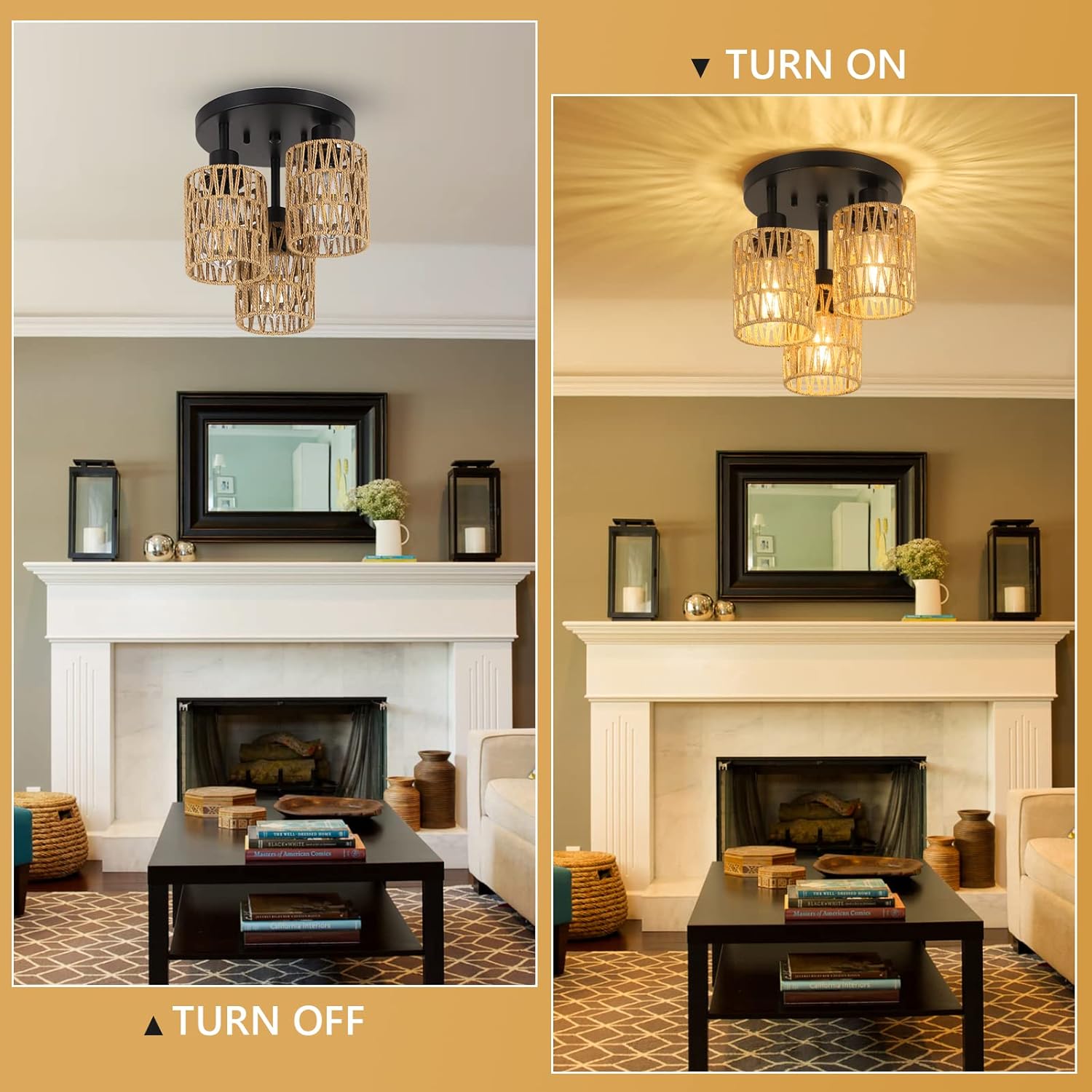 light semiflush mount ceiling light with natural woven drum shades and metal accents