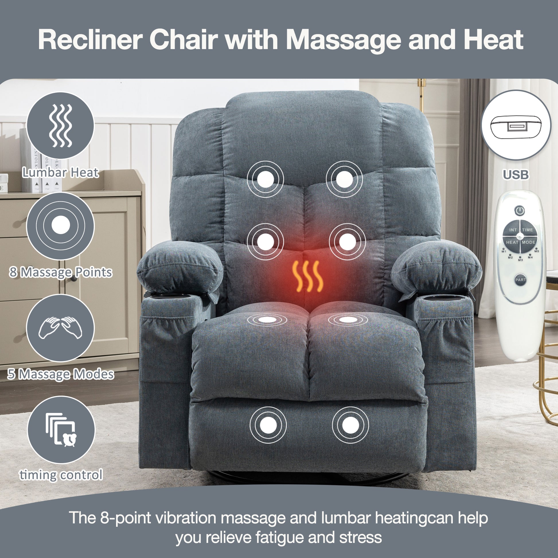Gray fabric recliner chair with lumbar heat and  massage points for relaxation
