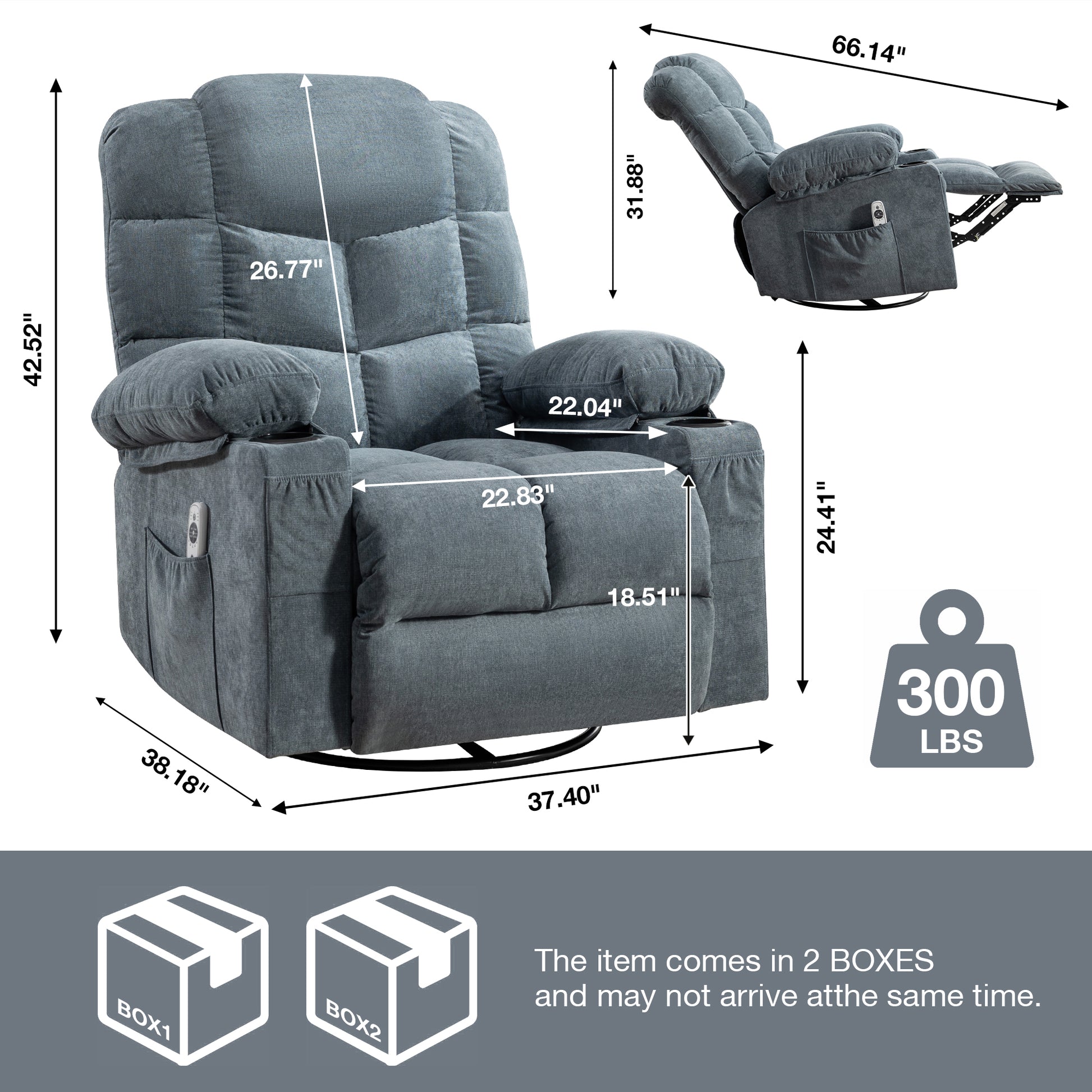 Gray fabric power recliner chair with cup holders side pockets and remote for ultimate comfort