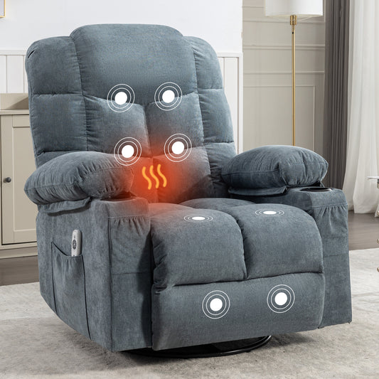 Comfortable grey fabric recliner chair with heat and massage functions