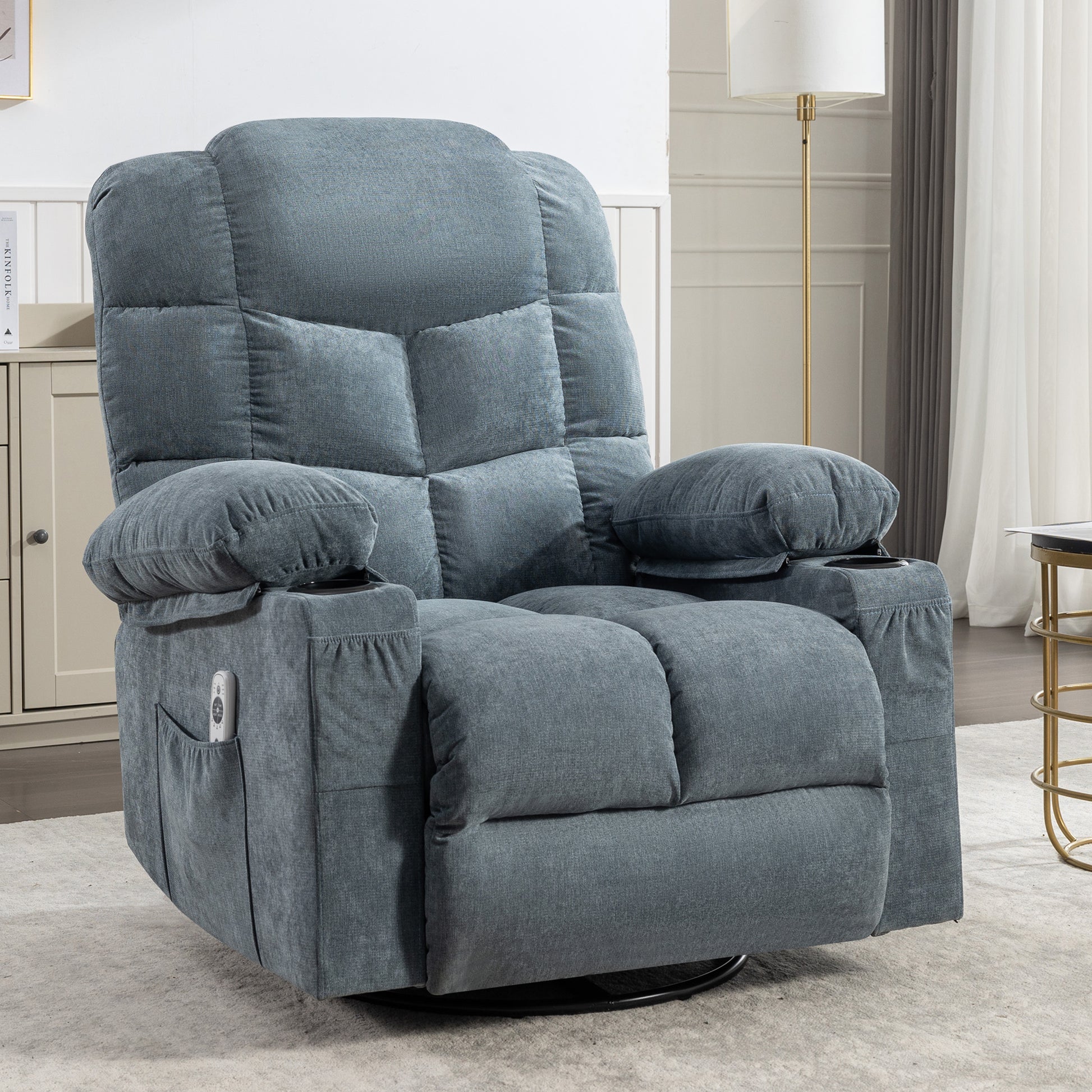 Gray fabric power recliner with cup holders and side pocket for remote control
