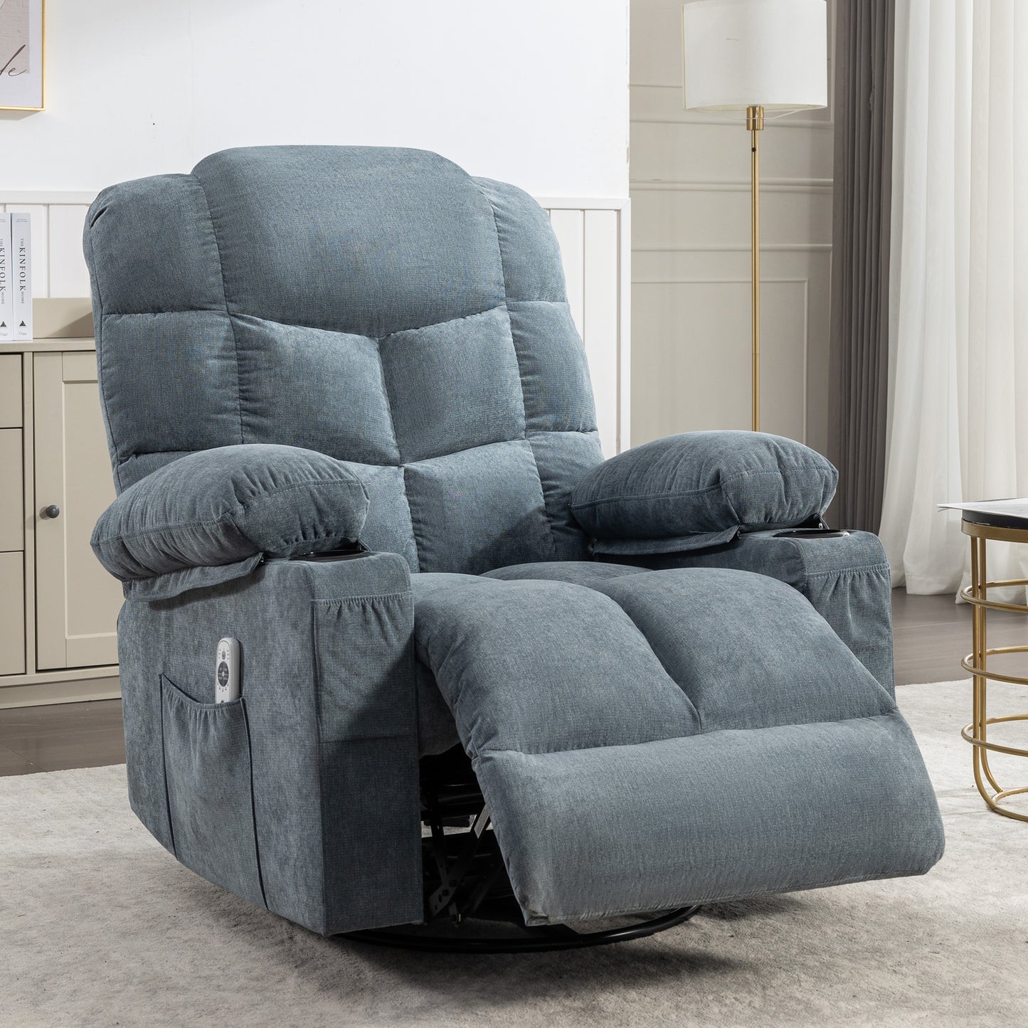 Plush grey fabric power recliner with adjustable footrest and lumbar support